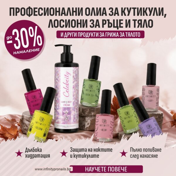 До -30% намаление на избрани професионални Олиа за кутикули, Лосиони за ръце и тяло и други продукти за грижа за тялото в домашни условия и професионални салони